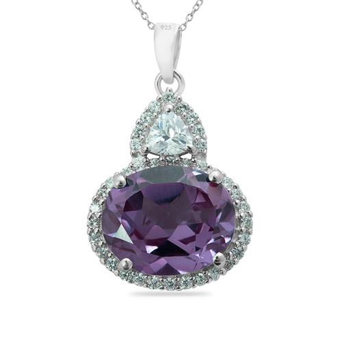 BUY SYNTHETIC ALEXANDRITE GEMSTONE HALO PENDANT IN STERLING SILVER